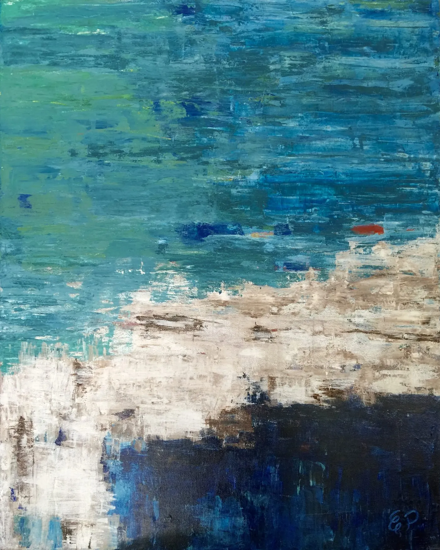 Abstract painting in blues and teals.