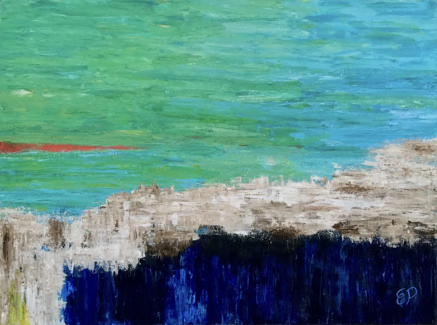 Abstract painting of sea and shoreline.