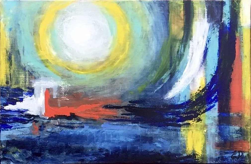 Abstract painting of a glowing sun over water.