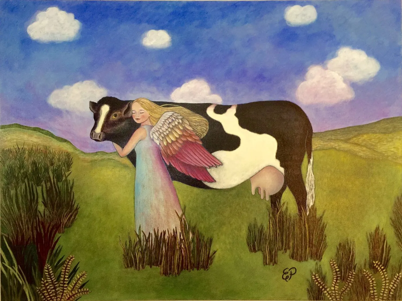 Painting of a winged angel embracing a cow in a green field.