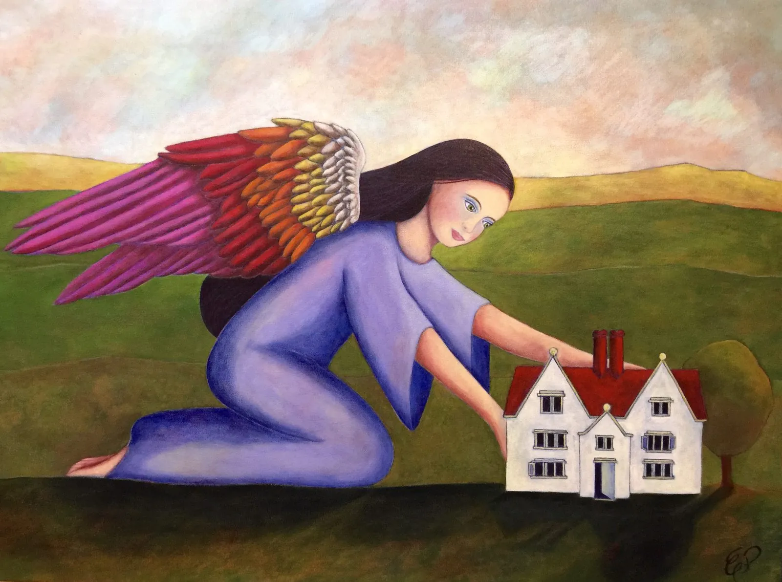 Angel Protecting My Home — original painting by Emma Prado: a kneeling angel with magenta-to-amber wings sheltering a small white house.