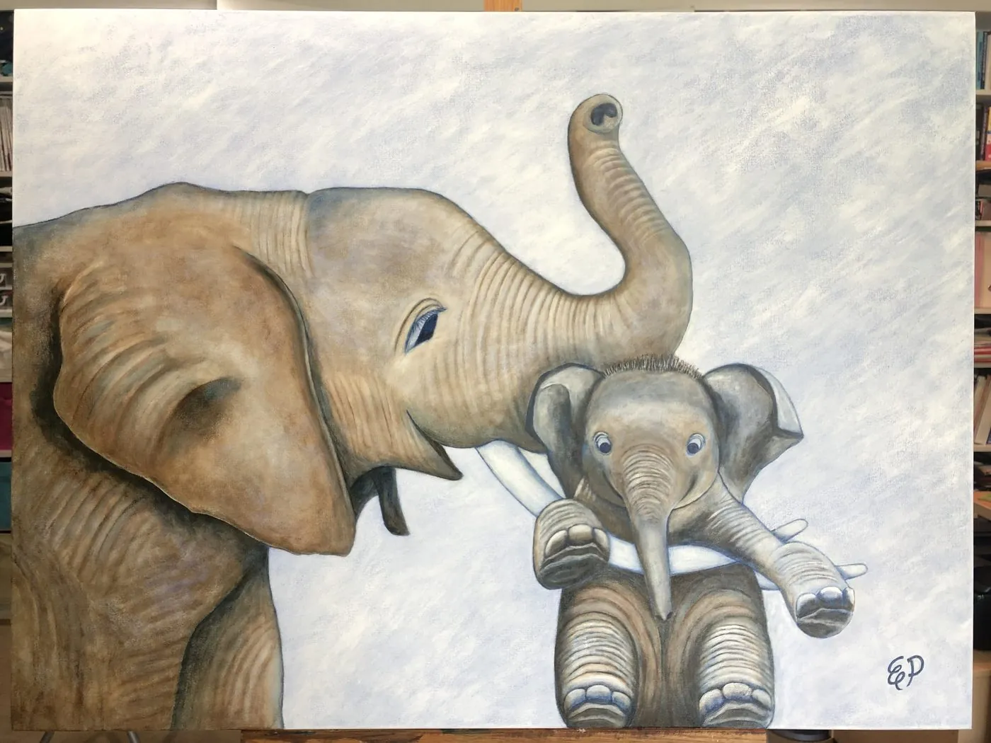 Painting of a mother and baby elephant.