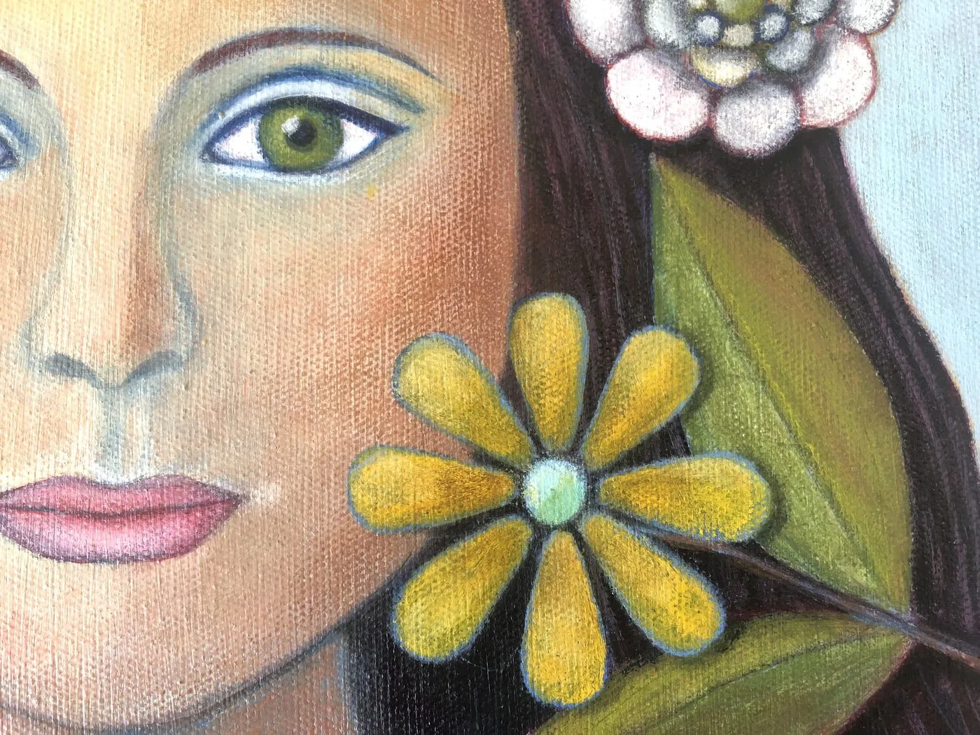 Close-up painting of a face with a daisy.