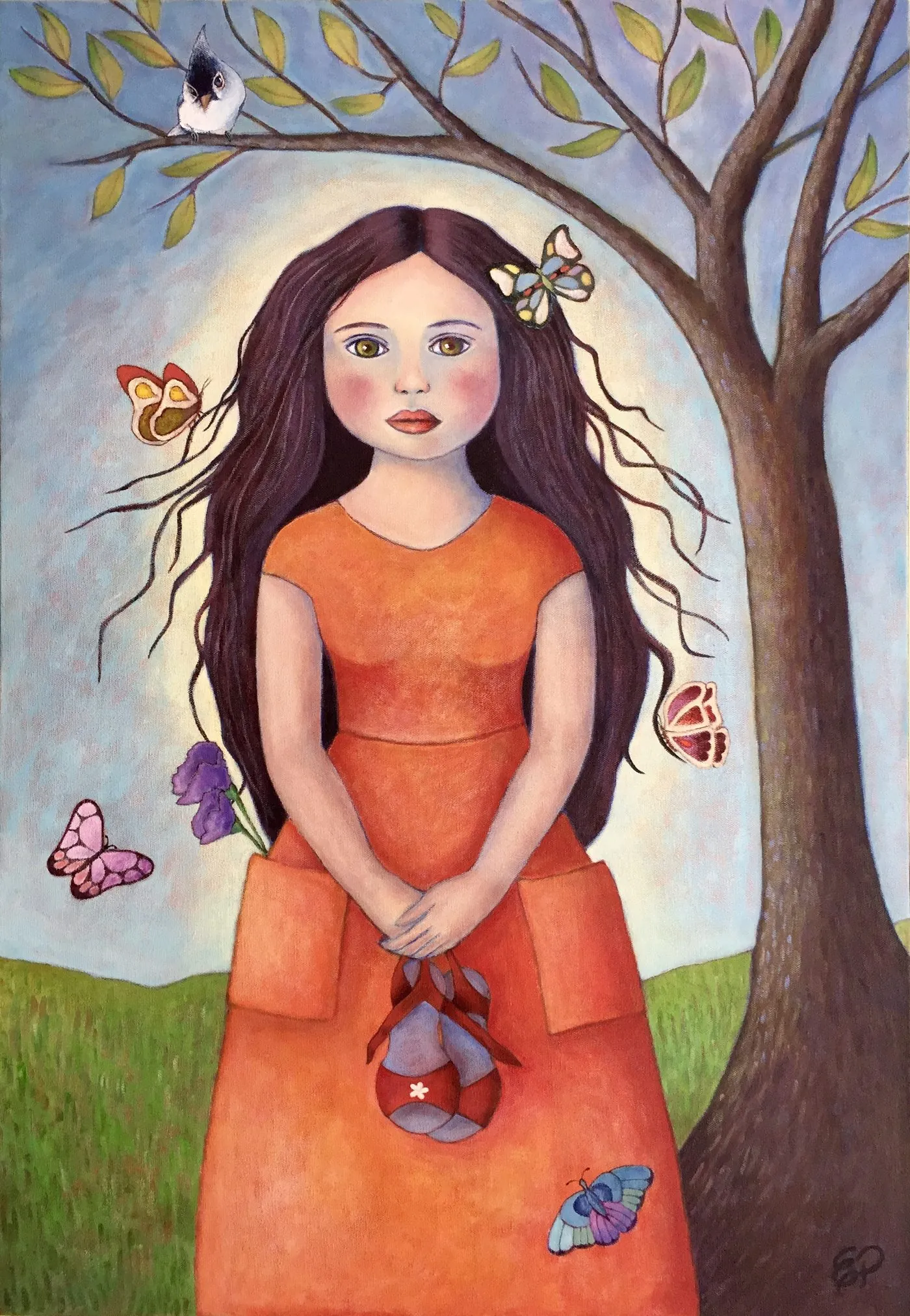 Painting of a girl in an orange dress surrounded by butterflies.