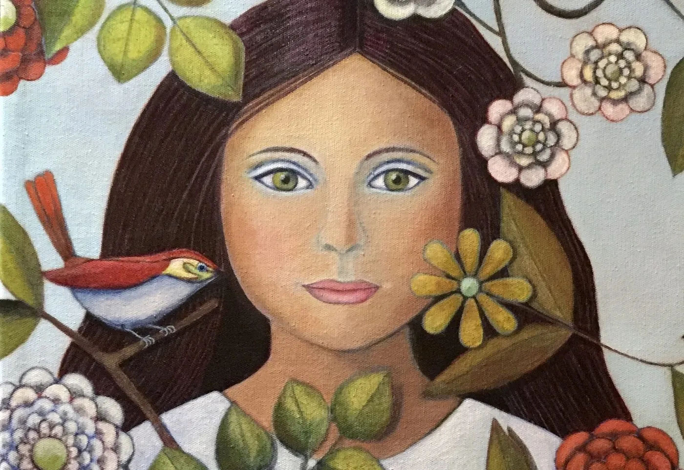 Portrait painting of a girl with a small bird.