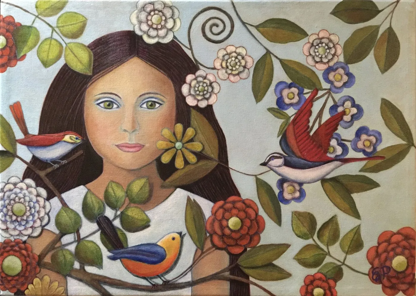 Folk-style painting of a girl among flowers and birds.