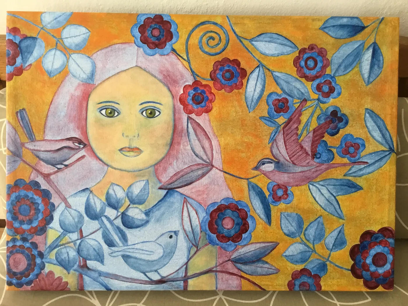 Painting of a girl surrounded by birds and stylized flowers on a warm orange ground.