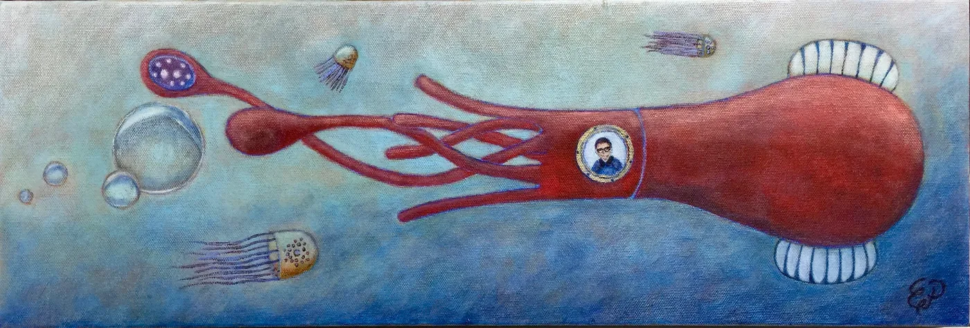 Long horizontal painting of a red squid drifting past jellyfish and bubbles.