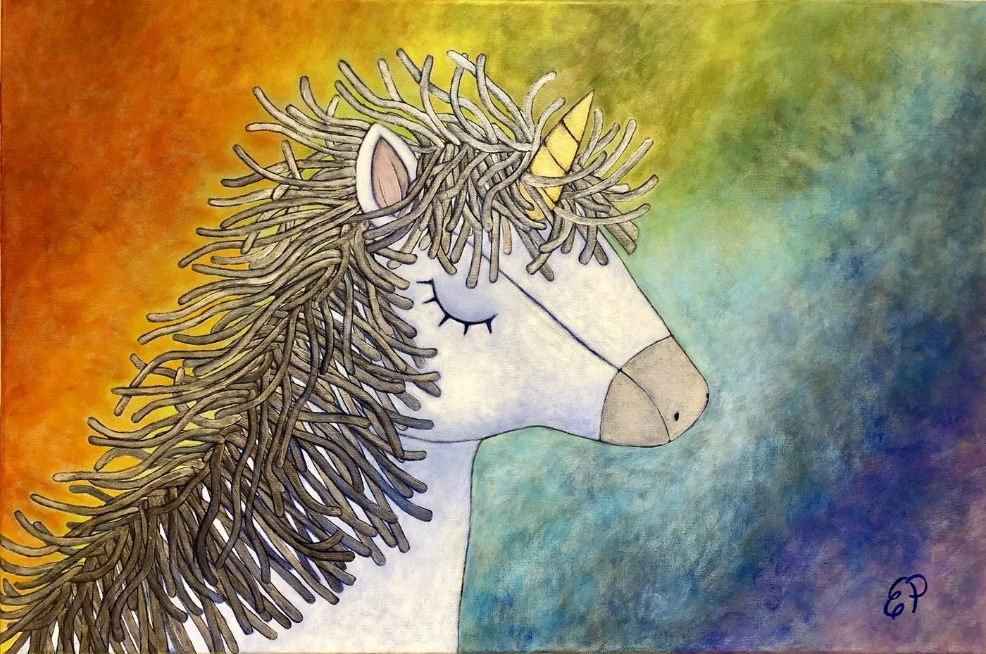 Whimsical painting of a unicorn.